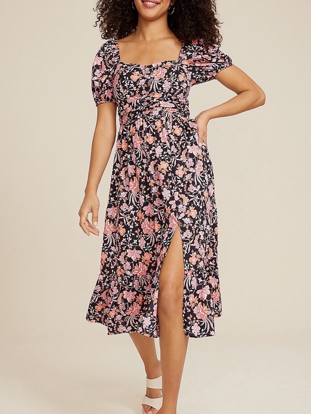 NEW Band of the Free Floral Slit Midi Dress Black Pink Short Puff Sleeve XS